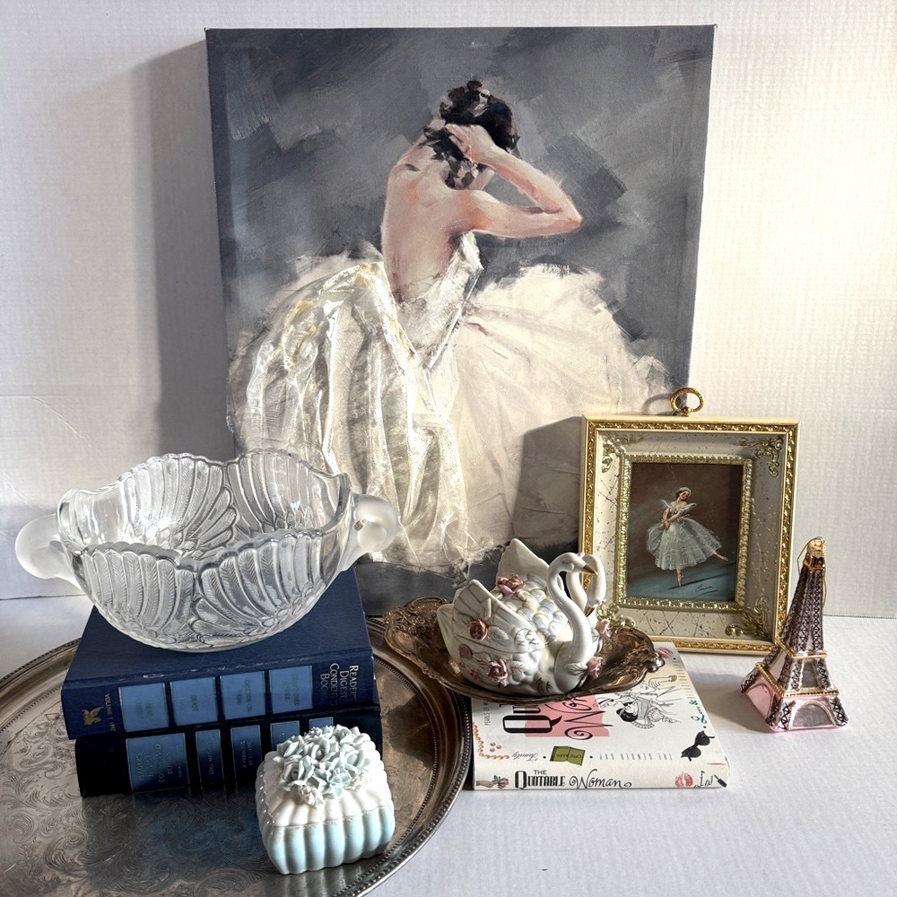 Vintage Ballerina Swan Art and Decor Ballerina Canvas Crystal Swan Bowl